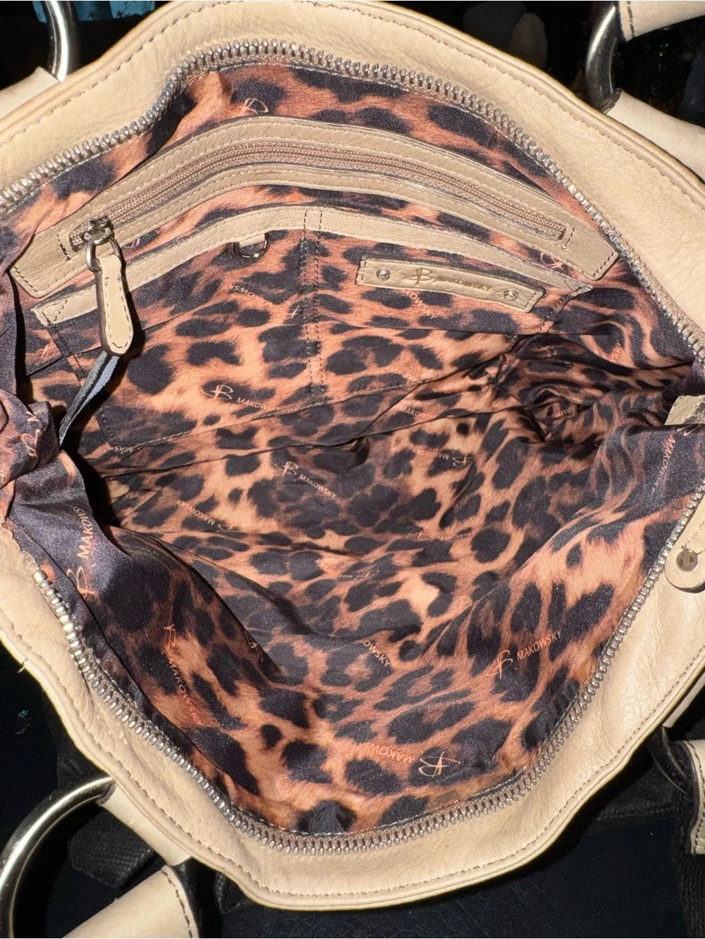 b. makowsky Cream Leather Shoulder Tote with Front Pleats